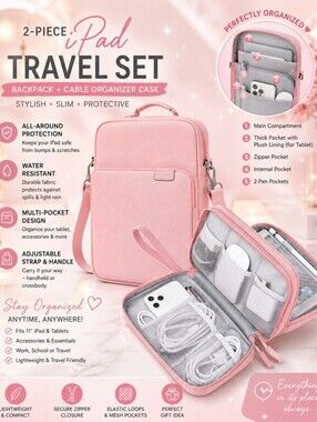 11" PINK IPAD TRAVEL SET - BACKPACK + CABLE Organizer 🩷 PINK COLOR "New"